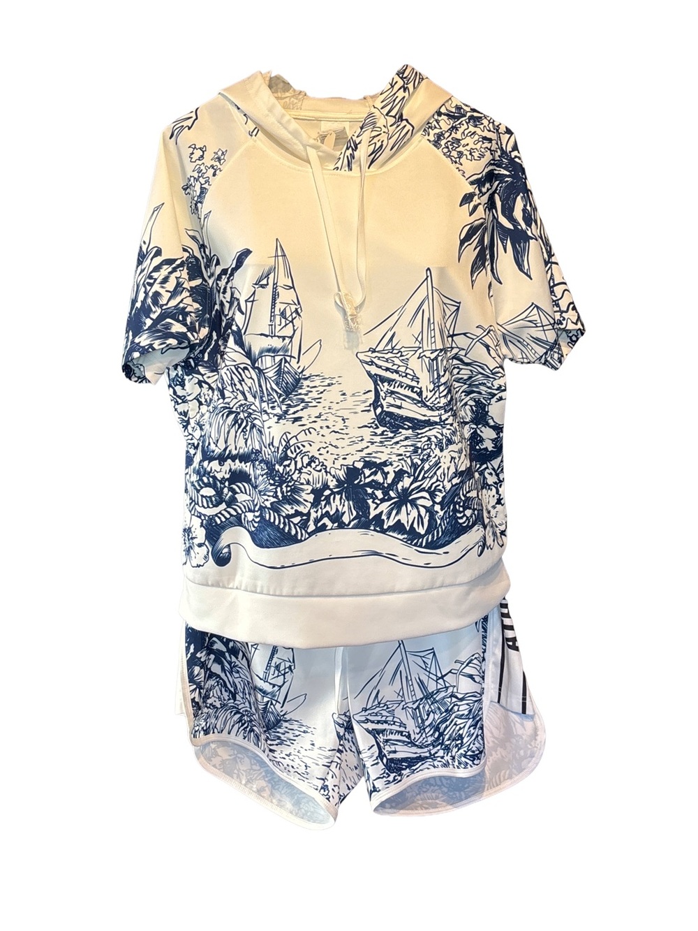 Juan Wang White & Navy Nautical Print Hooded Top and Shorts Set